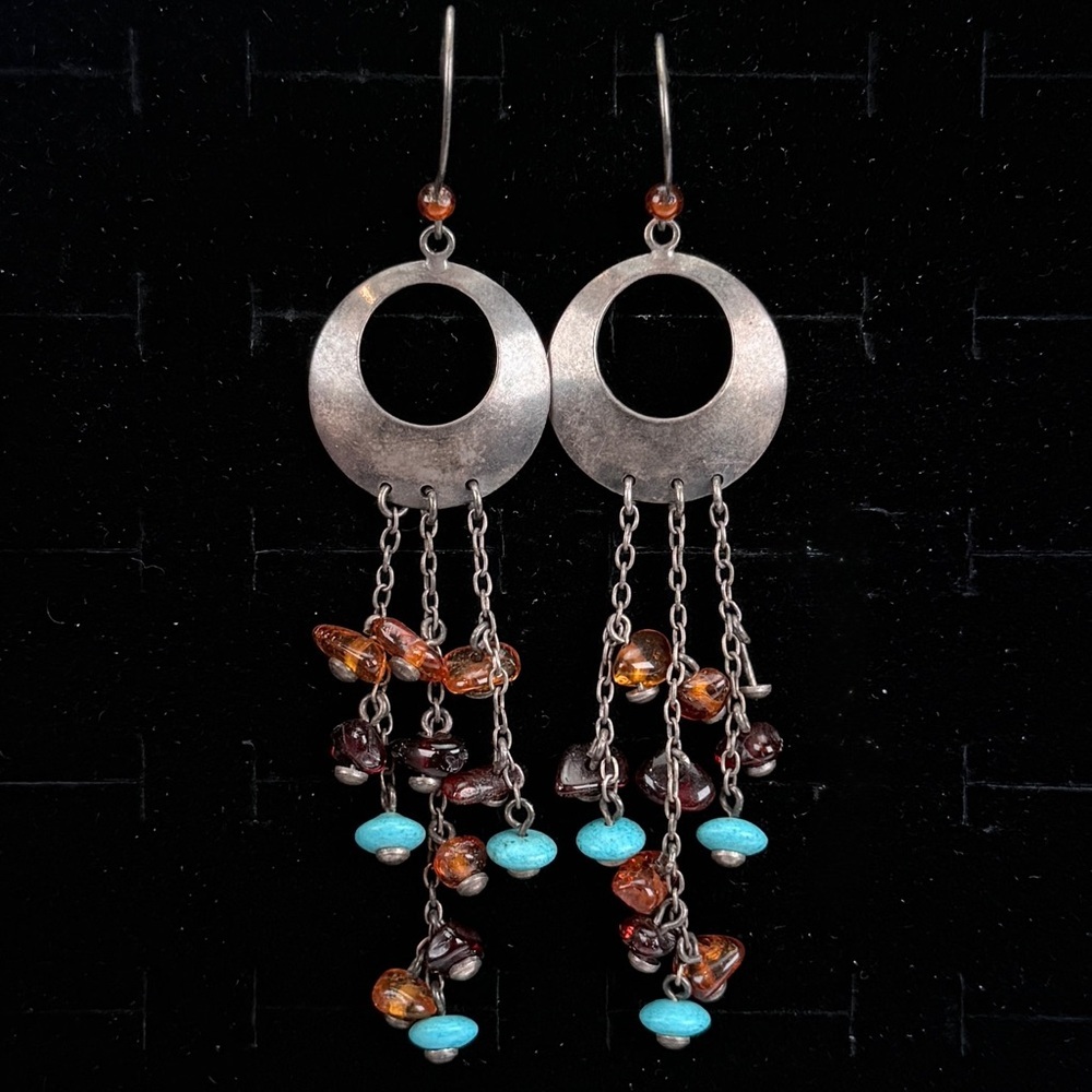 Vintage, Silvertone turquoise Baltic Amber bohemian chic, pierced earrings